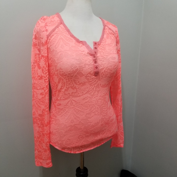Intimately Free People Sheer Pink Lace Henley Top - Picture 4 of 8